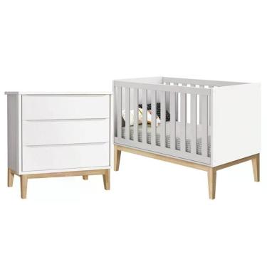 Imagem de Jogo De Quarto Classic Cômoda 3 Gavetas E Berço Branco Fosco Com Pés Madeira Natural - Reller Móveis Branco Fosco