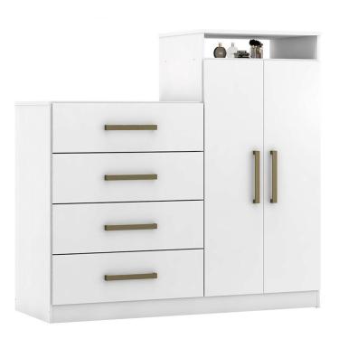 Imagem de Cômoda Áurea 2 Portas 4 Gavetas em MDF com Puxador Metal Bronze Branco com Prateleiras...
