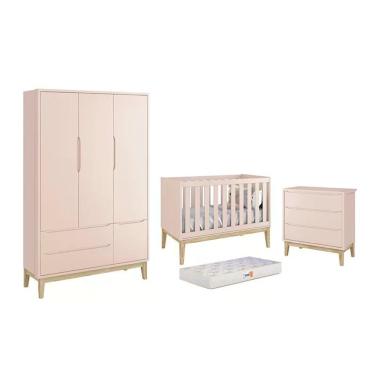 Imagem de Dormitório Classic 3 Portas, Cômoda 3 Gavetas Rosa Com Pés Madeira Natural E Colchão D18 - Reller Móveis Rosa