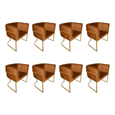 Imagem de Kit 8 Poltronas Decorativa Sala De Estar Base De Ferro Cobre Veludo Terracota Laranja
