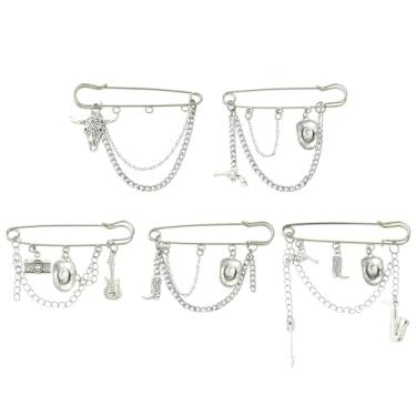 Imagem de UR URLIFEHALL 5 broches prateados de segurança com corrente de pingentes, alfinetes de lapela para roupas, suéter, cachecol, cardigã, clipes para artesanato