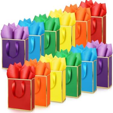 Imagem de Yeaqee Pacote com 12 sacos de presente de papel colorido com alças e papel de seda 22 x 18 cm x 8,15 cm folha dourada média, sacos de lembrancinha de cores sortidas para aniversário, chá de bebê