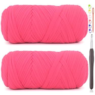 Imagem de Pacote com 2 fios de camiseta para crochê, rosa choque, tecido elástico grosso, fio de crochê para iniciantes, bolsa de tricô à mão, cesta/porta-copos / artesanato faça você mesmo/decoração de casa 2