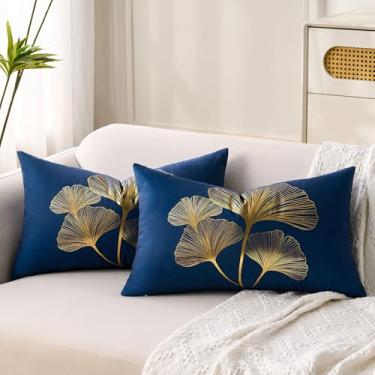 Imagem de BONSTRAP Ginkgo Capas decorativas para almofadas lombares de veludo azul marinho, 30,5 x 50,8 cm, moderno, padrão de folha dourada, conjunto de 2 fronhas para banco, sofá-cama, quarto, sala de estar