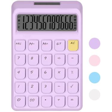 Imagem de HUTUDD Calculadora de mesa básica com visor LCD grande, botões grandes de 12 dígitos, 4 funções, energia solar e bateria dupla, para escritório, escola, casa (roxo)