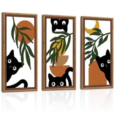 Imagem de KAIRNE Arte de parede de gato preto Boho, decoração de parede de madeira com folhas verdes, conjunto de 3 (40,6 cm x 20.3 cm), decoração de parede de gato de madeira geométrica de casa de fazenda