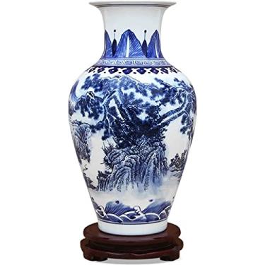 Imagem de Vaso de flores vaso de cerâmica paisagem chinesa pintado à mão vaso de flores de porcelana azul e branco para casa, sala de estar, mesa de jantar, decoração vasos com base rotativa, decoração de mesa