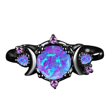 Imagem de Anel de lua e estrela de opala sintética de lavanda preta, adequado para lazer diário e combinação de festas, Metal, Sem pedra preciosa