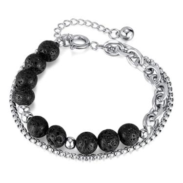 Imagem de Rockyu Pulseira masculina com contas de pedra vulcânica de aço inoxidável, fio duplo, ajustável, estilo punk, joia presente para ele