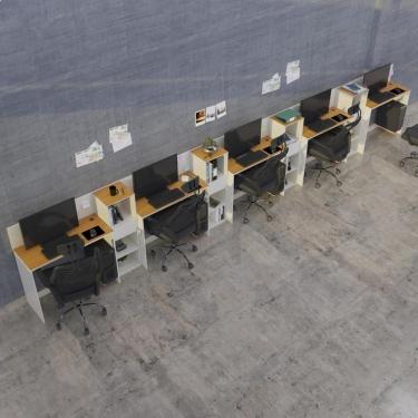 Imagem de Conjunto De Escritório Tech 4 Livreiro E 5 Mesas 90cm - Vian - Off White E Cedro Off White E Cedro