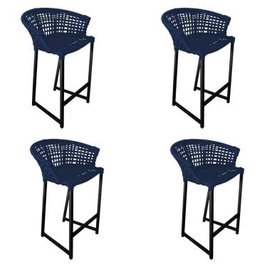 Imagem de Kit 4 Banquetas Reis Em Corda Náutica E Base Em Alumínio Preta Para área Gourmet Azul Marinho Azul