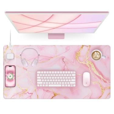 Imagem de Mouse pad de carregamento sem fio, tapete grande de mesa de jogos de 80 x 40 cm para teclado/laptop, superfície ultra suave à prova d'água, base antiderrapante, mármore rosa