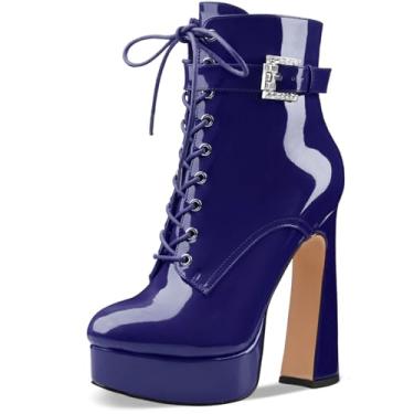 Imagem de Perisis Bota feminina preta de cano curto plataforma com cadarço salto alto grosso fechado bico redondo com zíper lateral e fivela de alça para mulheres sexy e fofas, Patente azul-royal, 38