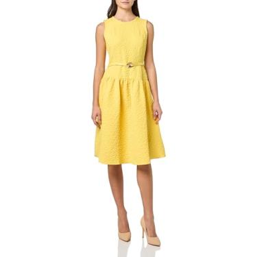 Imagem de Karl Lagerfeld Vestido feminino sem mangas gola redonda floral floral stretch jacquard evasê, Amarelo canário, 44