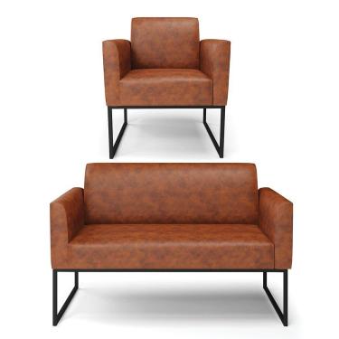 Imagem de Sofá Namoradeira Com Poltrona Base Industrial Preto Marisa Corano D03 - D\&#039rossi Cor Nozes