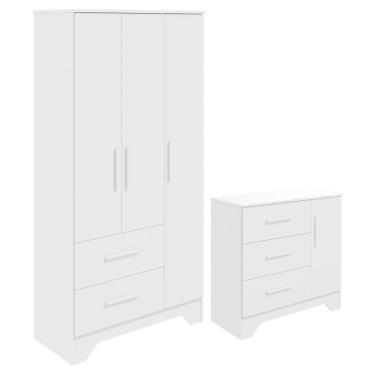 Imagem de Jogo De Quarto Infantil Popy Retrô Plus Guarda Roupa E Cômoda Branco Brilho - Móveis Peroba