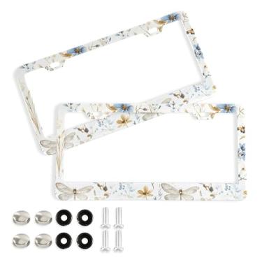 Imagem de SEHANY Molduras de placa de licença de flores florais coloridas, capas de moldura de placa de carro de alumínio à prova de ferrugem com orifícios elípticos e parafusos serve para veículos padrão dos