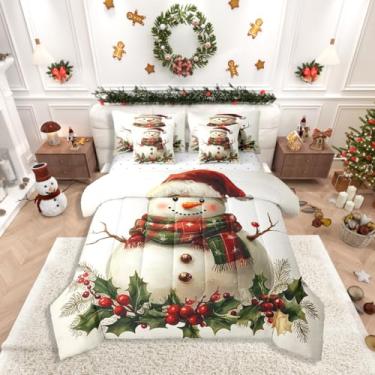 Imagem de Erosebridal Conjunto de edredom completo – Conjunto de cama casal casal com desenho animado de boneco de neve reversível de 7 peças, pintura a óleo, lençol com edredom, lençóis, fronhas e fronhas