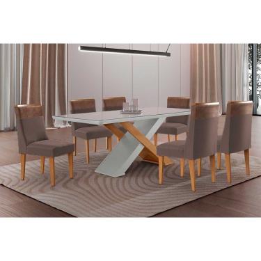 Imagem de Sala Jantar Mesa Imperatriz Tampo c/ Vidro Curvo 180cm+6 Cadeiras Jaspe Madeira Naturale/Off White - Capuccino/Suede Marrom - Rufato