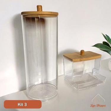 Imagem de Kit Porta Algodão e Cotonetes com Tampa de Bambu Acrílico  Vários Mode