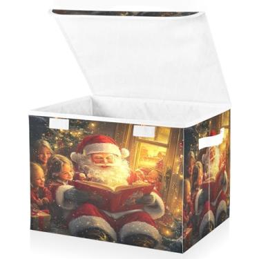Imagem de Blueangle Caixas de armazenamento alegres de Papai Noel com tampas, 42 x 32 x 30 cm, grande cesta organizadora dobrável para decoração de escritório e armário (182)