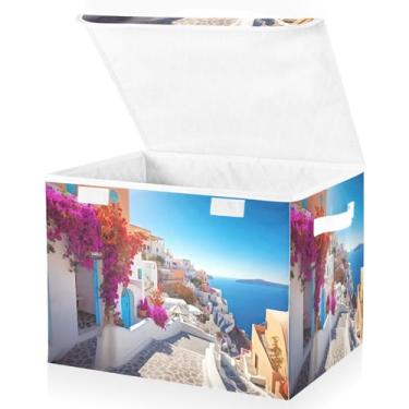 Imagem de Blueangle Cestos de armazenamento românticos Villagecore com tampas, 42 x 32 x 30 cm, grande cesta organizadora dobrável para decoração de casa e escritório (376)