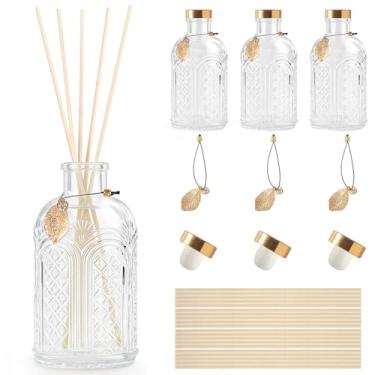 Imagem de Frascos difusores de palheta de vidro para casa, frascos difusores com 20 peças de varetas de palheta, vasos de flores vintage em relevo estilo boticário com tampas de cortiça, conjunto de 3