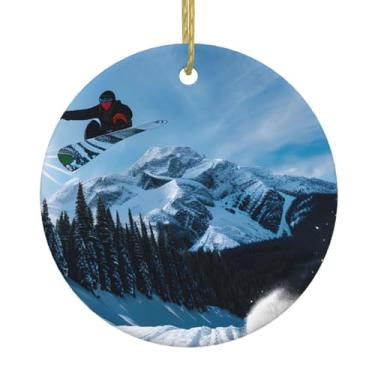 Imagem de Estampa de Snowboard de Natal de cerâmica pendurada redonda, pingentes de porcelana, decoração criativa de Natal