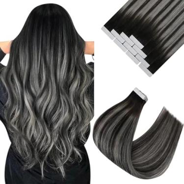 Imagem de Sunny Hair Extensões de cabelo humano fita adesiva extensões de cabelo humano 55 cm fita de cabelo humano real em extensões para mulheres raízes pretas naturais a cinza prata balayage cabelo virgem