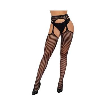 Imagem de Meias-calças Elásticas Pretas Com Listras E Cinto De Ligas Sem Entrepe