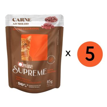 Imagem de Kit 5 Unidades Ração Úmida Quatree Gatos Supreme Castrado Carne 85Gr