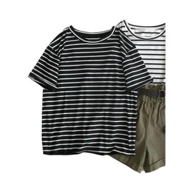 Imagem de Camiseta Feminina Casual De Moda Com Estampa Listrada Punk Harajuku De