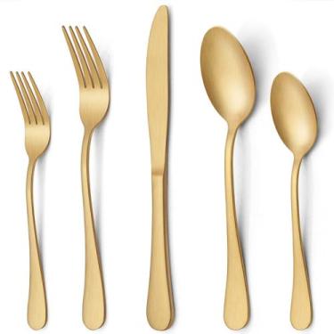 Imagem de Conjunto de talheres LIANYU Matte Gold em aço inoxidável de 20 peças