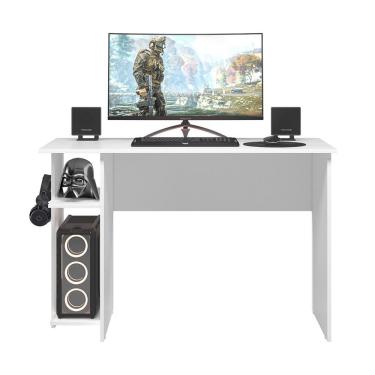 Imagem de Mesa Gamer Retangular Gamer Moderna sem Gavetas MDP 114CM Branco Qmovi para Escritório com Prateleiras