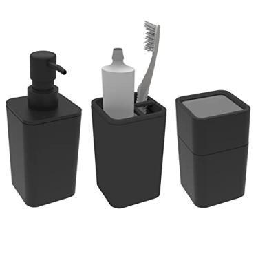 Imagem de Kit Banheiro 3 Peças Dispenser Sabonete Líquido Porta Escova Algodão Cotonete Preto - Soprano
