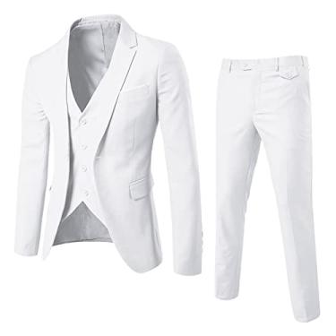 Imagem de Terno masculino fino de 3 peças, jaqueta de festa de casamento, colete e calça casaco masculino sem mangas camisa social, Branco, Large