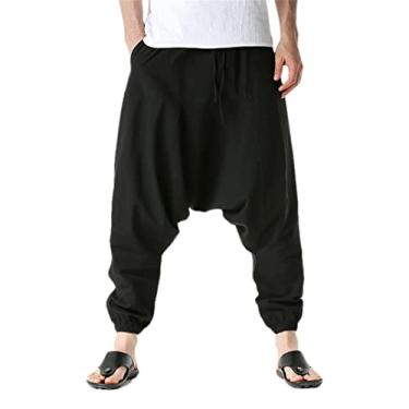 Imagem de Calça masculina joggers folgada, hippie, boho, cigana, hip hop, calça cargo de ioga