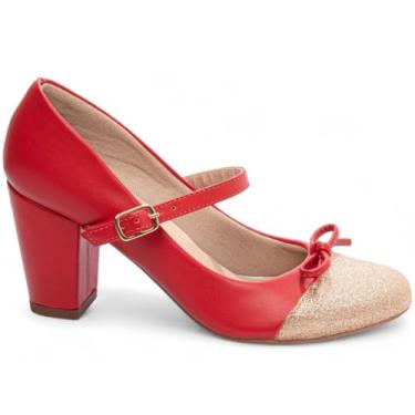 Imagem de Torricella, Sapato Social Scarpin Scarpan Salto Médio Alto Grosso Boneca Feminino 7 cm Glitter Torricella Cor:Vermelho;Tamanho:37