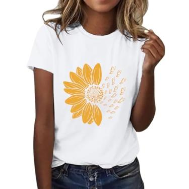Imagem de Duobla Camiseta feminina com estampa de flores de verão camisetas casuais soltas manga curta gola redonda camisetas fofas 2024 moda, A-2-branco, P