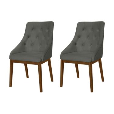 Imagem de Kit 2 Cadeiras De Jantar Luxo Estofada Elisa Anatômica Capitonê Linho Cinza Escuro Base Madeira Maciça