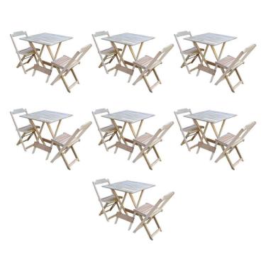 Imagem de Kit 7 Conjuntos de Mesa Dobravel com 2 Cadeiras de Madeira 70x70 para Restaurante e Bar - sem Pintur