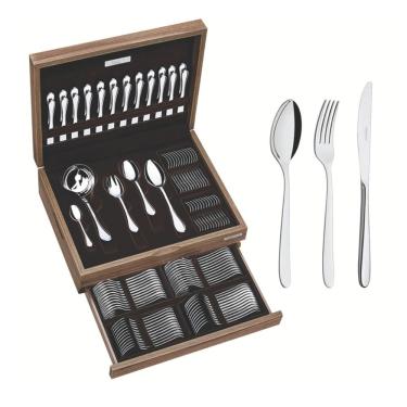 Imagem de Faqueiro Cannes 101 Peças em Aço Inox com Facas de Mesa Forjadas Acabamento Alto Brilho com Estojo de Madeira Tramontina 66979/215