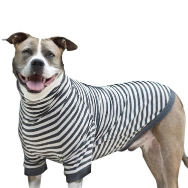 Imagem de Tooth & Honey Suéter médio para cães – Camisa listrada de algodão e elastano para cães com cobertura total da barriga – Camisa branca e cinza para alergia e proteção de verão (média)
