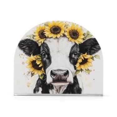 Imagem de Fustylead Porta-guardanapos de girassol de vaca preto e branco em aquarela para mesa Porta-guardanapos de coquetel de acrílico pequeno dispensador de guardanapo decorativo para festa em casa, férias,