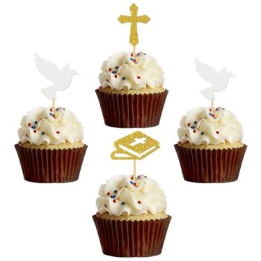 Imagem de MonMon & Craft Baptism Dove Cross Cupcake Toppers/Baby Shower Cupcake Toppers/God Bless Wedding Party Cupcake Decorations - First Holy Communion Religious Party Decor Glitter 24 Pcs