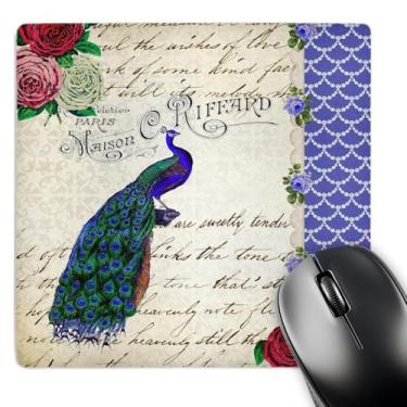 Imagem de 3dRose LLC 20 x 20 x 0,63 cm Pavão vintage em rosas vermelhas creme flores azul royal elegante elegante mouse pad com estampa de texto (mp_76592_1)