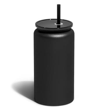 Imagem de UIRZOTN Copos de vidro com tampas e canudos, xícara de cerveja de aço inoxidável de 473 ml e café gelado, copo de smoothie, preto (acabamento fosco texturizado, não sublimatável)