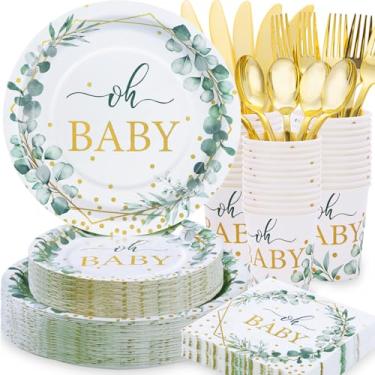 Imagem de Gudvilla 350 Pcs Sage Green Baby Shower Decorations, Baby Shower Plates and Cups and Napkins Sets Serves 50, Oh Baby Plates with Gold Dots for Boho Baby Girl Boy Neutral Baby Shower Decorations