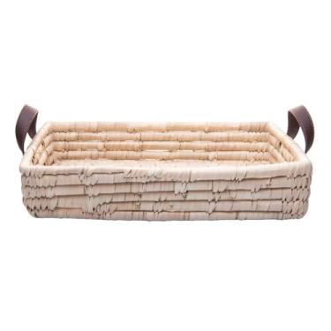 Imagem de LYOR - Bandeja Retangular Decorativa de Fibra Natural e Alça em Couro Braid - Servir Alimentos, Organizar Itens Decorativos, Exposição de Objetos em Vitrines, Piquenique