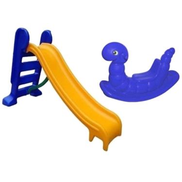 Imagem de Escorregador infantil 3 degraus com gangorra lagarta - amarelo com azul